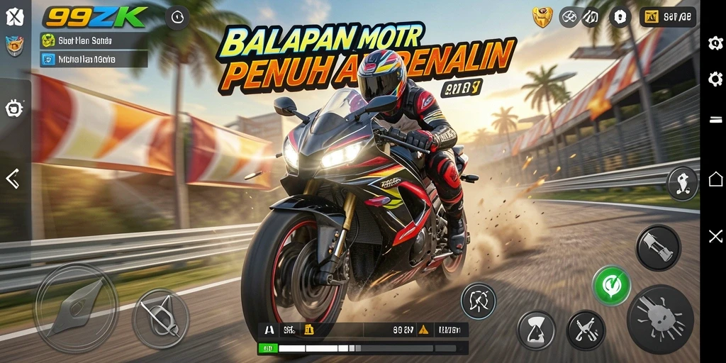 Tampilan gameplay seru dari 99ZK dengan aksi balapan motor yang cepat.