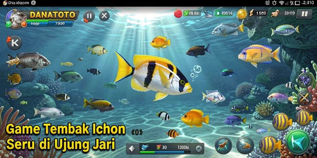 Screenshot gameplay melakukan tembakan ikan yang mendebarkan.