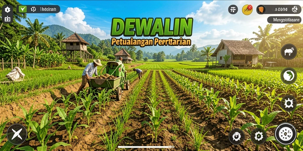 Tangkapan layar gameplay DEWALIN yang menunjukkan aktivitas bertani.