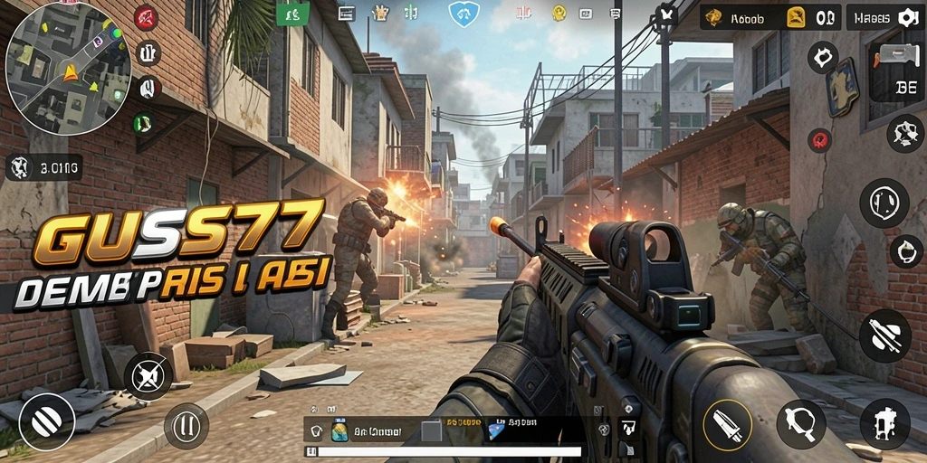 Screenshot utama GUS77 menunjukkan aksi tembak-menembak yang mendebarkan.