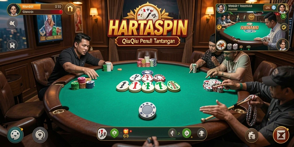 Screenshot HARTASPIN menunjukkan gameplay seru QiuQiu dengan teman-teman.