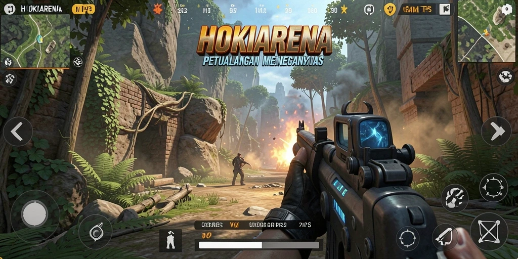 Screenshot gameplay HOKIARENA menampilkan pertempuran intens dan grafis yang menawan.