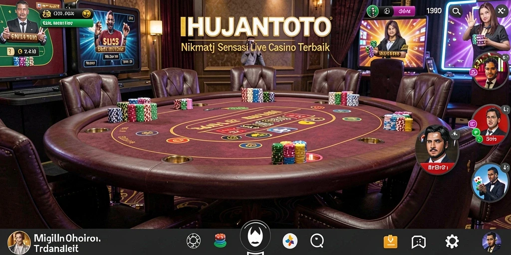 Tangkapan layar gameplay HUJANTOTO menunjukkan dealer profesional dan suasana permainan yang menarik.