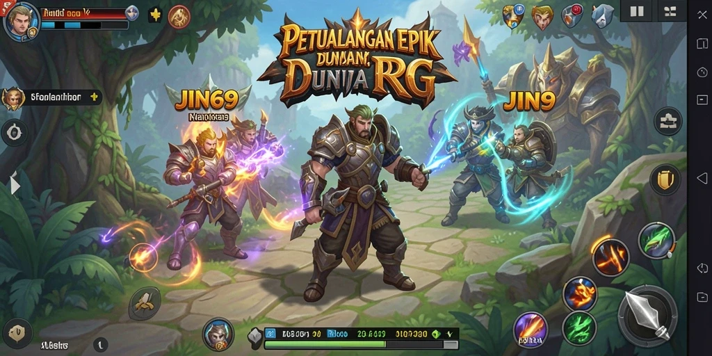 Screenshot utama JIN69 menunjukkan karakter beraksi dalam pertempuran RPG yang dinamis.