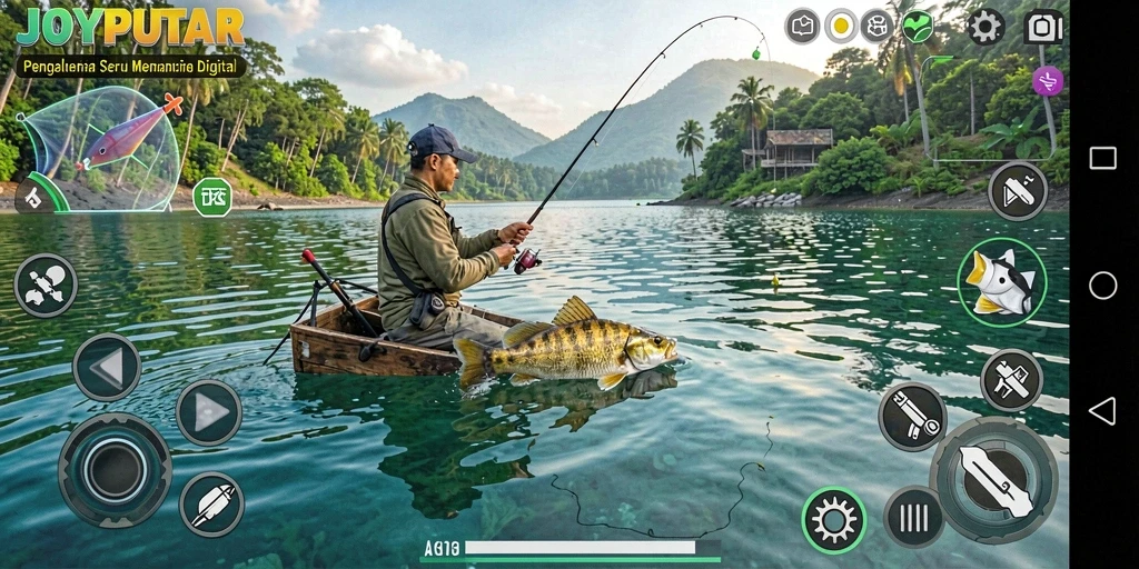 Screenshot utama JOYPUTAR menampilkan gameplay seru memancing ikan.
