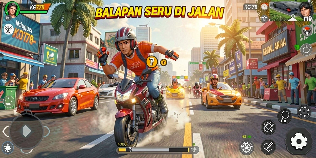 Gameplay KG778 menampilkan balapan yang mendebarkan dengan mobil cepat di trek menantang.