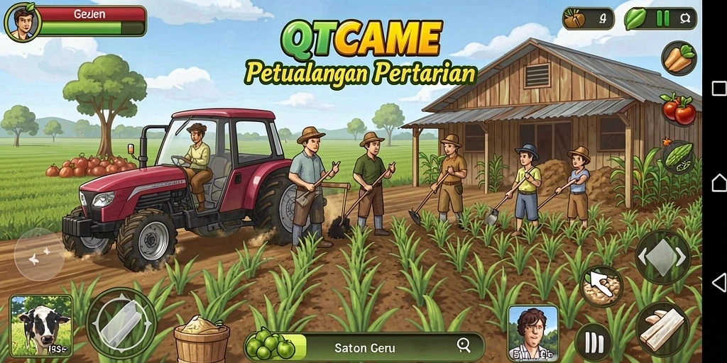 Tampilan gameplay seru di QTGAME dengan suasana pertanian yang indah.