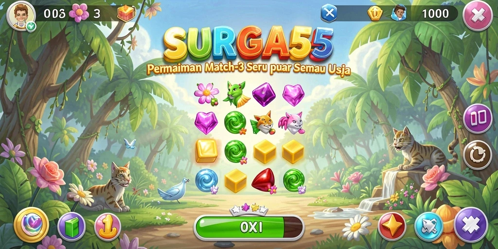 Tangkapan layar SURGA55 menampilkan gameplay Match-3 yang menegangkan.