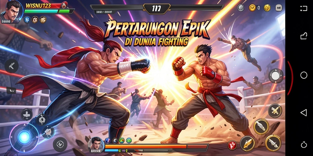 Tangkapan layar gameplay WISNU123 yang menunjukkan pertarungan seru antara karakter.